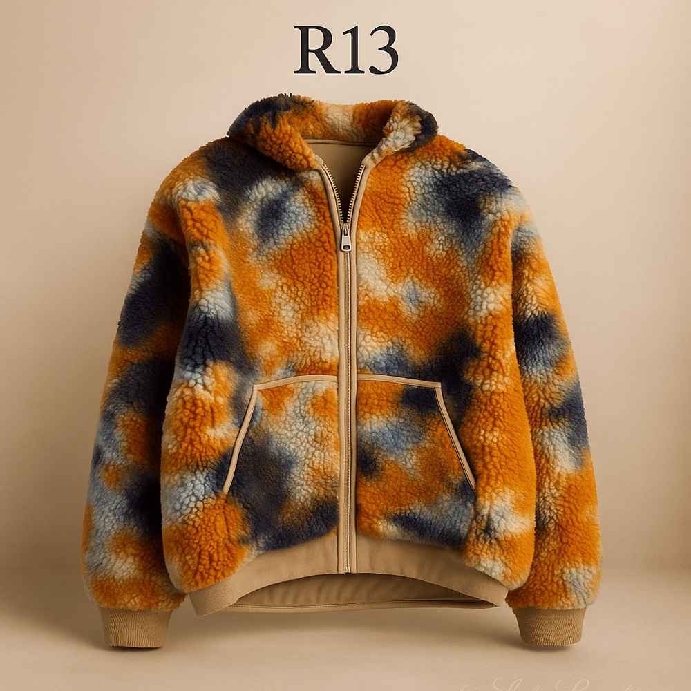 R13 Rust Camo Shearling Zip Jacket Size Small NWT R13WM070 Distressed Oversized
